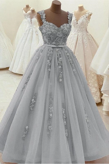 Gorgeous Sweetheart Neck Beaded Gray Floral Lace Prom Dress, Grey Floral Lace Formal Dress, Gray Evening Dress HZ1023